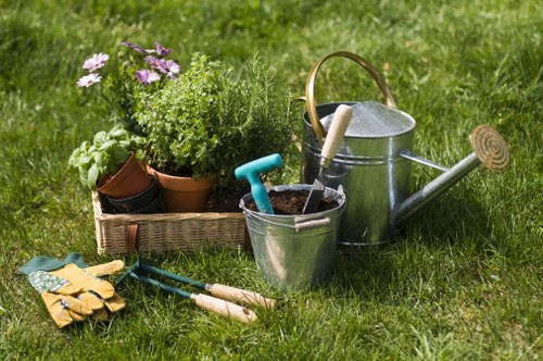 Lawn mowing team operating in a suburban Barkingside lawn