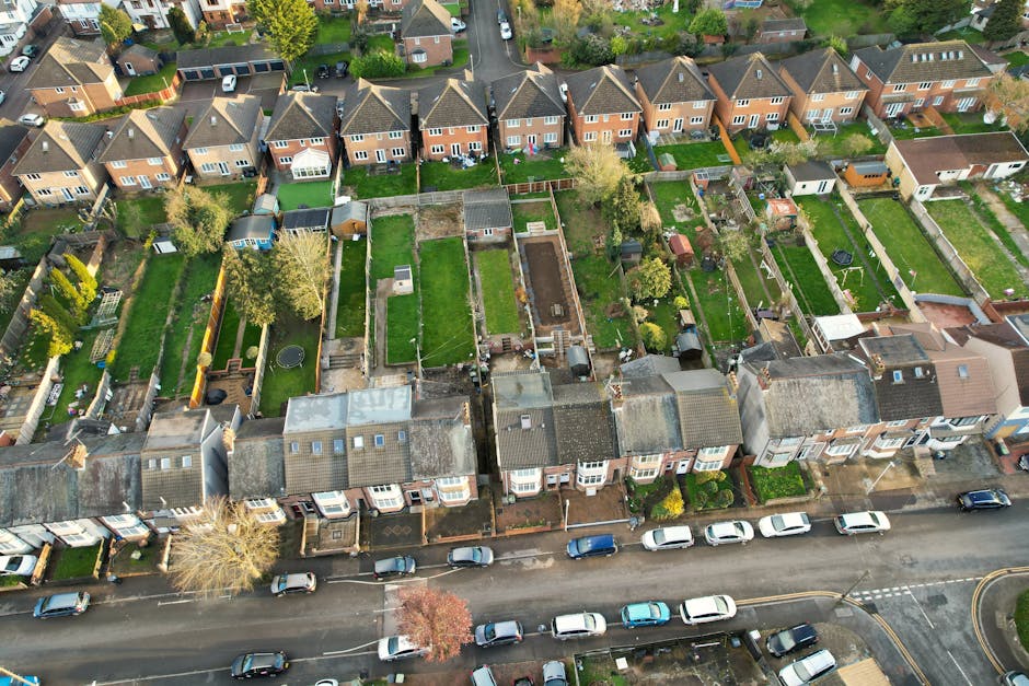 An aerial view of a residential neighbourhood showing a row of terraced houses with small front gardens and parked cars along the street. Behind the houses, there are numerous backyards with well-main